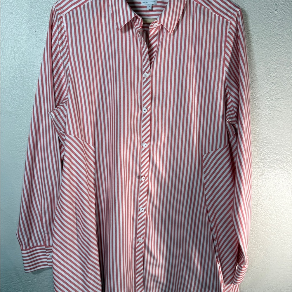 Foxcroft Non-Iron Button Down Shirt Women’s 16 Red White Stripe Cotton